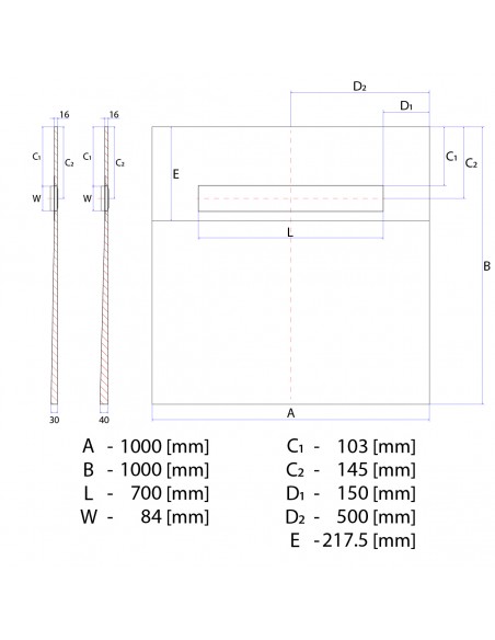 Technische Tekening Van Betegelbare Doucheplaat 1000 X 1000 Mm Wiper OneWay Douchegoot Type Pure