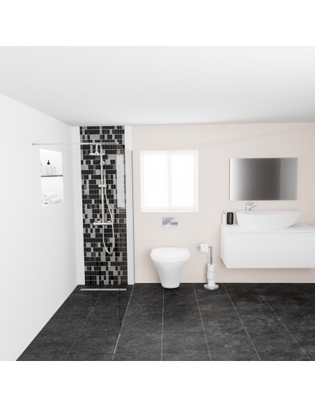 Voorbeeld Van Compacte Badkamer Met Open Hoekdouche In Contrastkleurenschema Zwart En Wit