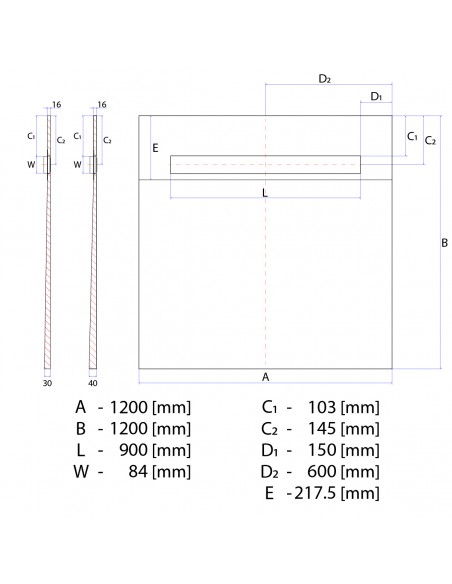 Technische Tekening Van Betegelbare Doucheplaat 1200 X 1200 Mm Wiper OneWay Douchegoot Type Zonda