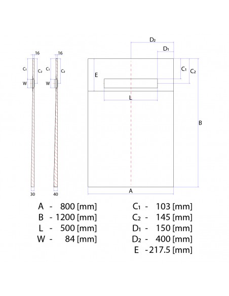 Technische Tekening Van Betegelbare Doucheplaat 800 X 1200 Mm Wiper OneWay Douchegoot Type Ponente