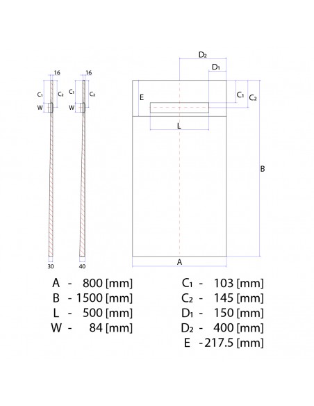 Technische Tekening Van Betegelbare Doucheplaat 800 X 1500 Mm Wiper OneWay Douchegoot Type Pure