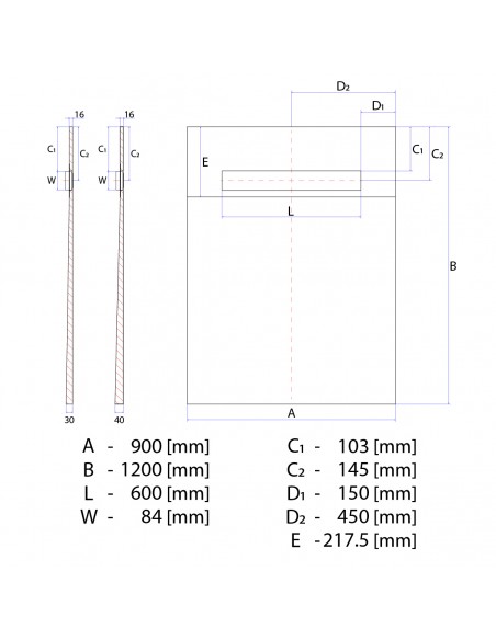 Technische Tekening Van Betegelbare Doucheplaat 900 X 1200 Mm Wiper OneWay Douchegoot Type Pure