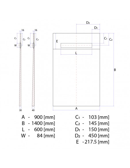 Technische Tekening Van Betegelbare Doucheplaat 900 X 1400 Mm Wiper OneWay Douchegoot Type Pure