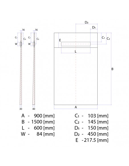 Technische Tekening Van Betegelbare Doucheplaat 900 X 1500 Mm Wiper OneWay Douchegoot Type Pure