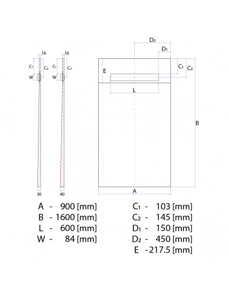 Technische Tekening Van Betegelbare Doucheplaat 900 X 1600 Mm Wiper OneWay Douchegoot Type Pure