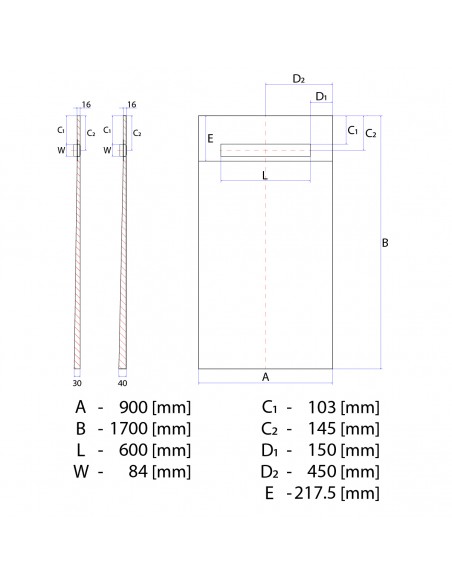 Technische Tekening Van Betegelbare Doucheplaat 900 X 1700 Mm Wiper OneWay Douchegoot Type Pure