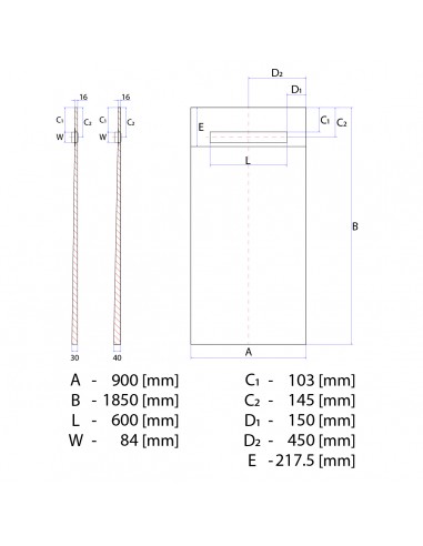 Technische tekening van Betegelbare doucheplaat 900 x 1850 mm Wiper OneWay douchegoot type Pure Technische tekening van Betegelbare doucheplaat 900 x 1850 mm Wiper OneWay douchegoot type Pure