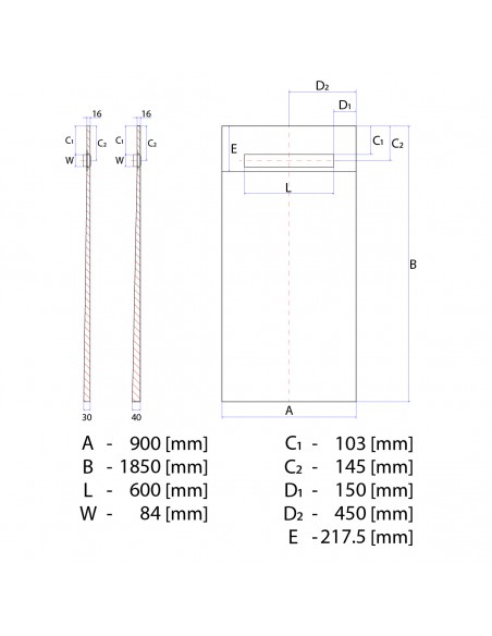 Technische Tekening Van Betegelbare Doucheplaat 900 X 1850 Mm Wiper OneWay Douchegoot Type Pure