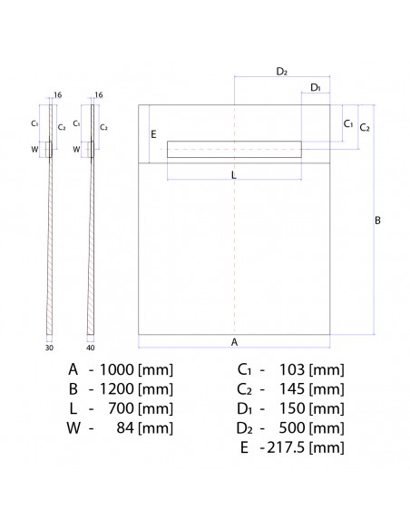 Technische Tekening Van Betegelbare Doucheplaat 1000 X 1200 Mm Wiper OneWay Douchegoot Type Pure