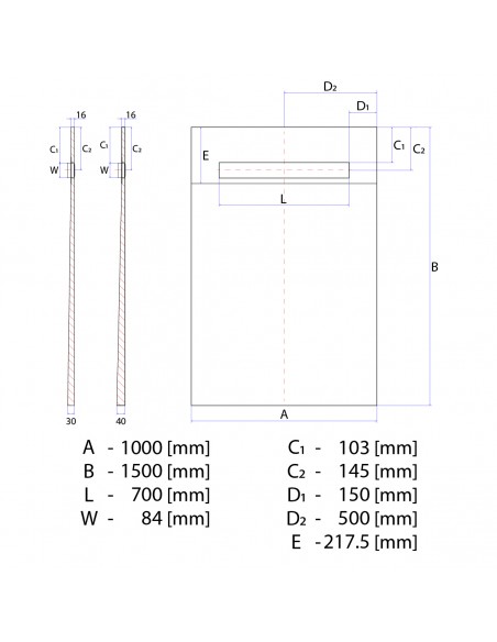 Technische Tekening Van Betegelbare Doucheplaat 1000 X 1500 Mm Wiper OneWay Douchegoot Type Pure