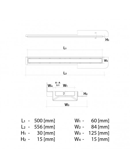 Technische Tekening: Lineaire Afvoer Wiper 500 Muuropstand Pure