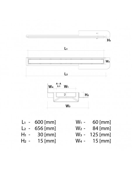 Technische Tekening: Lineaire Afvoer Wiper 600 Muuropstand Pure