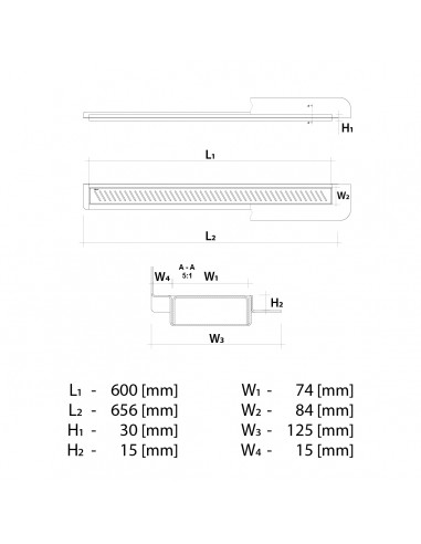 Technische tekening: Lineaire afvoer Wiper 600 Muuropstand Zonda