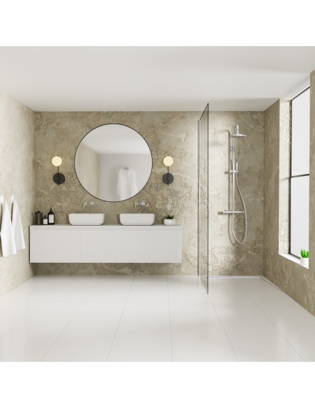 Voorbeeld: Licht En Vriendelijk Design Met Beige Wanddecor En Glazen Scheidingswand Voor De Douche