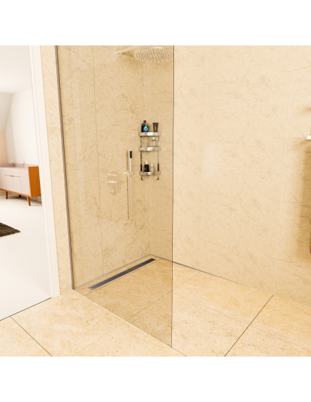 Moderne Douche Met Glas En Kalksteenlook En Zilveren Afdekking Met Diagonaal Patroon