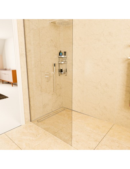 Moderne Douche Met Glas En Kalksteenlook En Zilveren Betegelbare Afdekking