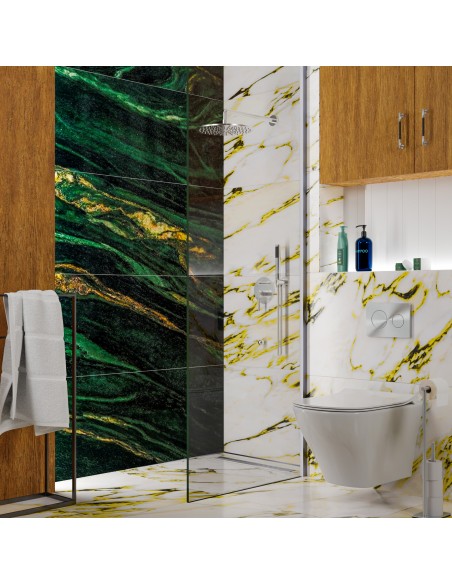 Smaragd - En Goudkleurige Marmeren Douche Met Hout En Zilveren Afdekking Met L - Patroon