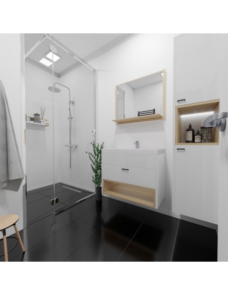 Minimalistische Lichte Badkamer Met Donkere Vloer En Zilveren Afdekking Met Diagonaal Patroon