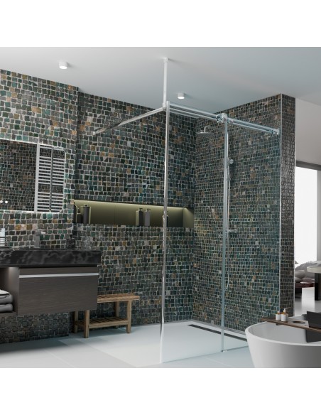 Mozaïekdouche In Groene En Aardetinten En Zilveren Gladde Roestvrijstalen Afdekking