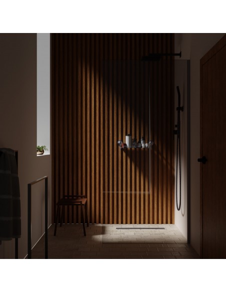 Douche Met Houten Lamellen En Warm Licht En Zilveren Afdekking Met Rond Patroon