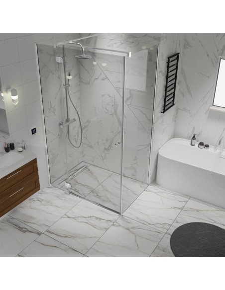 Witte Marmeren Douche Met Glazen Wand En Zilveren Betegelbare Afdekking