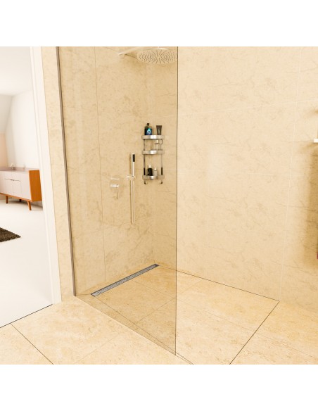 Moderne Douche Met Glas En Kalksteenlook En Zilveren Afdekking Met Rond Patroon