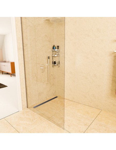 Moderne Douche Met Glas En Kalksteenlook En Zilveren Afdekking Met Vierkante Openingen