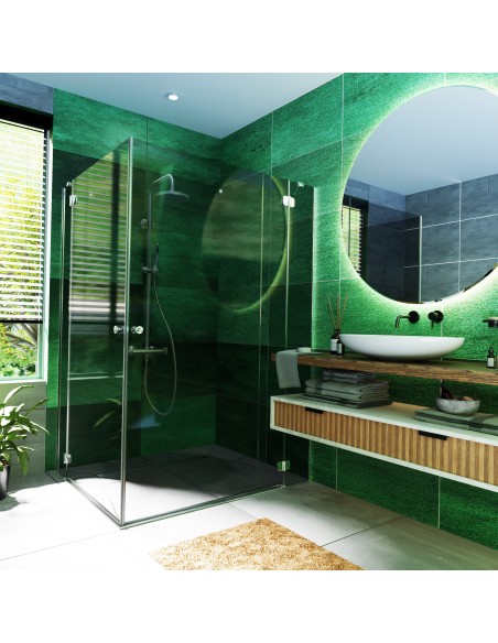 Smaragdgroene Tegeldouche Met Glazen Wand En Zilveren Afdekking Met L - Patroon