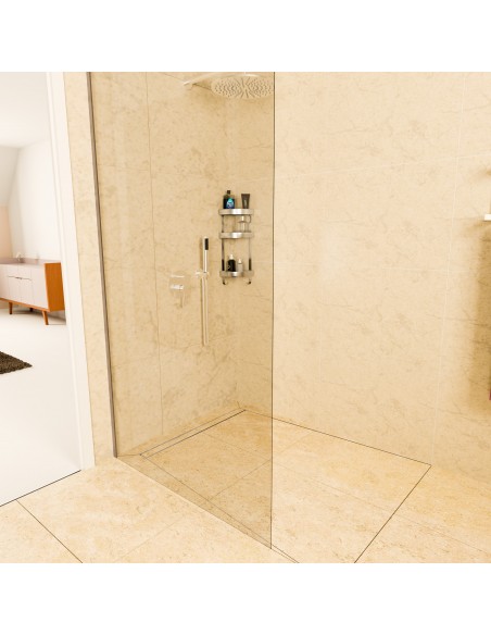 Moderne Douche Met Glas En Kalksteenlook En Zilveren Betegelbare Afdekking